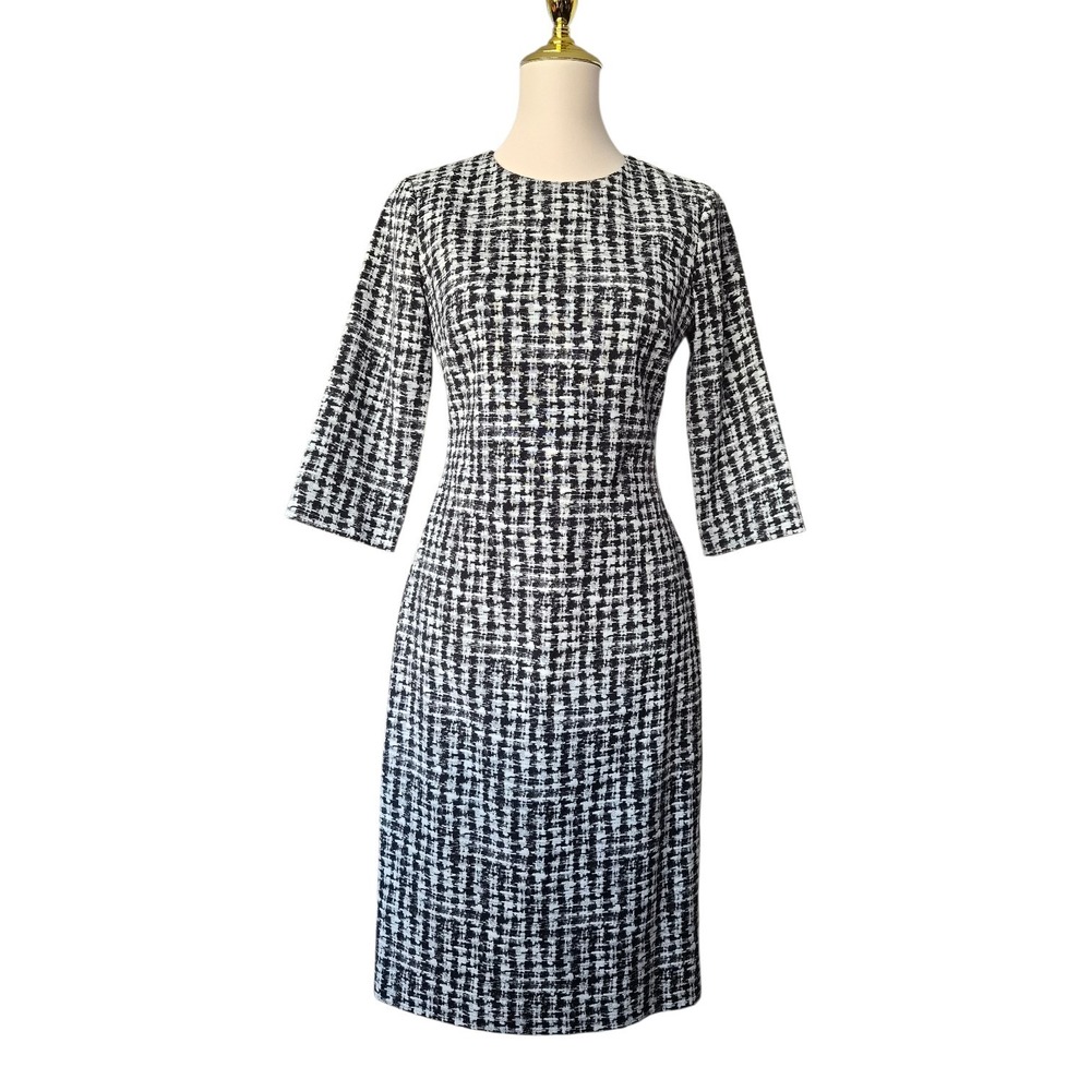 BOSS Hugo‎ Boss Black White Textured Sheath Midi Dress Career Classic